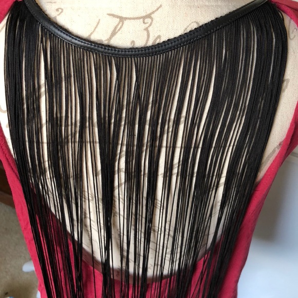 Dark Red Open Back/Fringe Top with Front Keyhole - Picture 2 of 8
